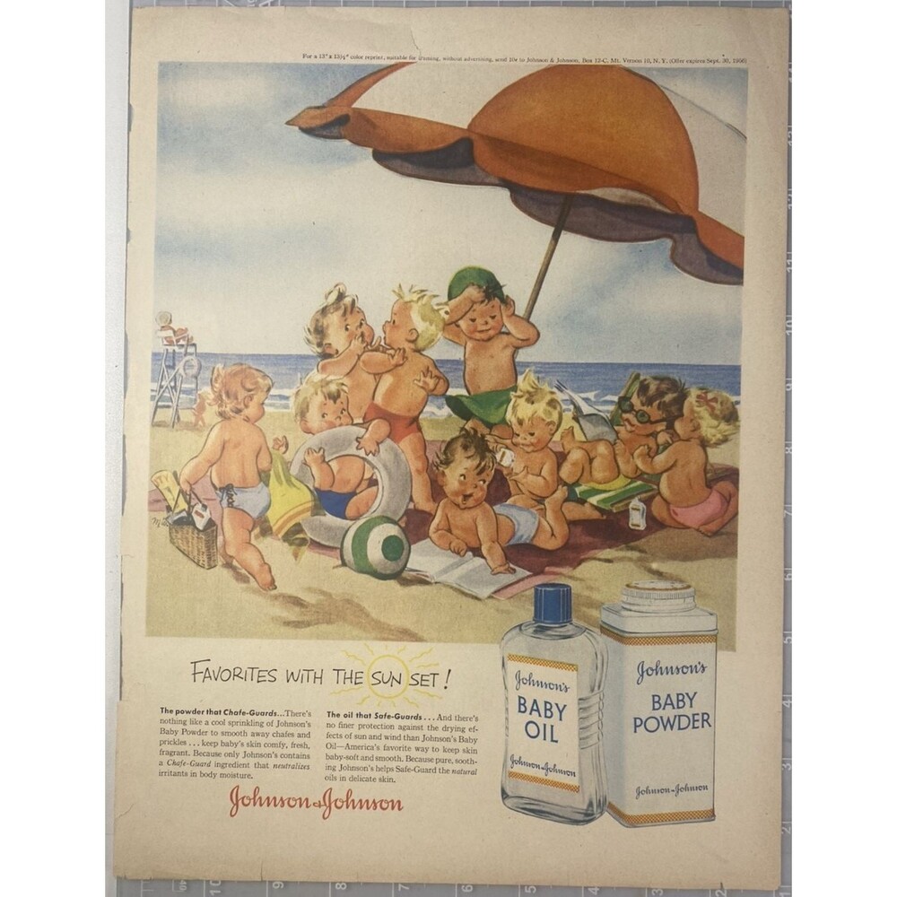 Johnson's Baby Powder & Oil "Favorites with the SUN SET! Vintage Print Ad 1956